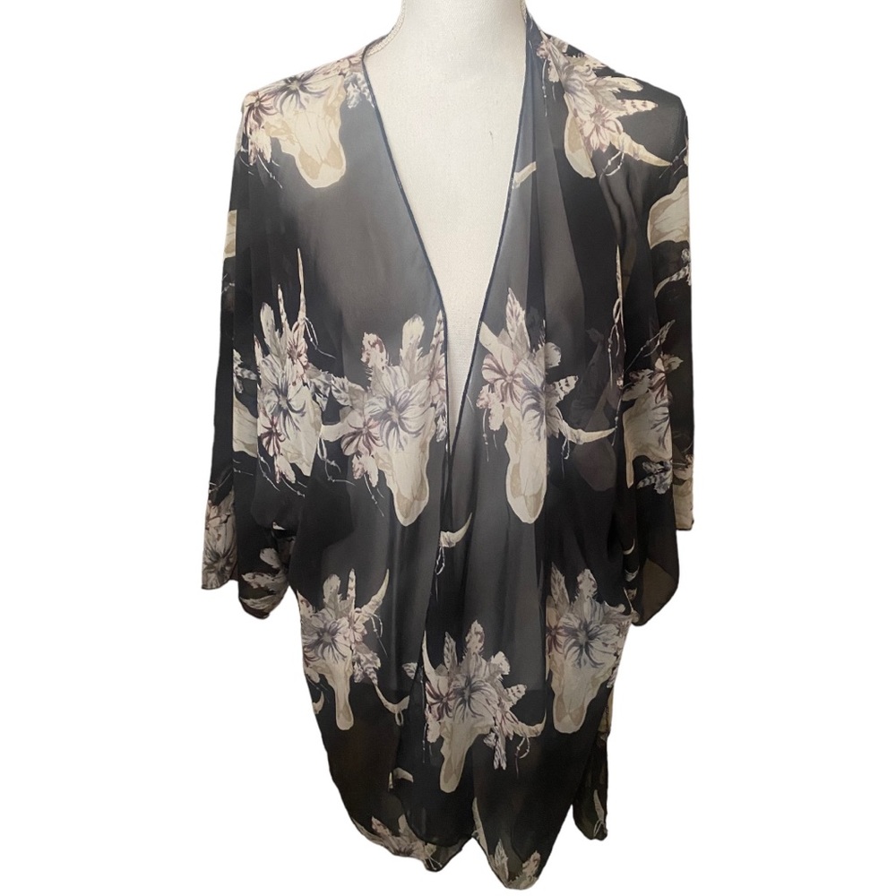 Ale Boutique | NEW Womens western black mesh longhorn floral skull kimono Large